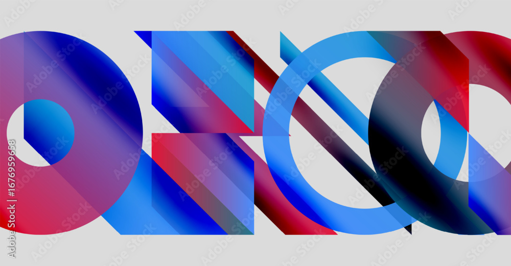 Poster abstract composition featuring overlapping colorful shapes. red, blue hues dominate design, creating