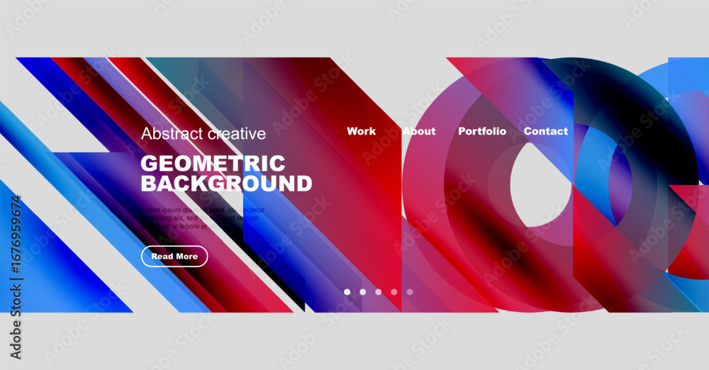 Poster abstract geometric design. vibrant colors, dynamic shapes, website header with navigation options. i