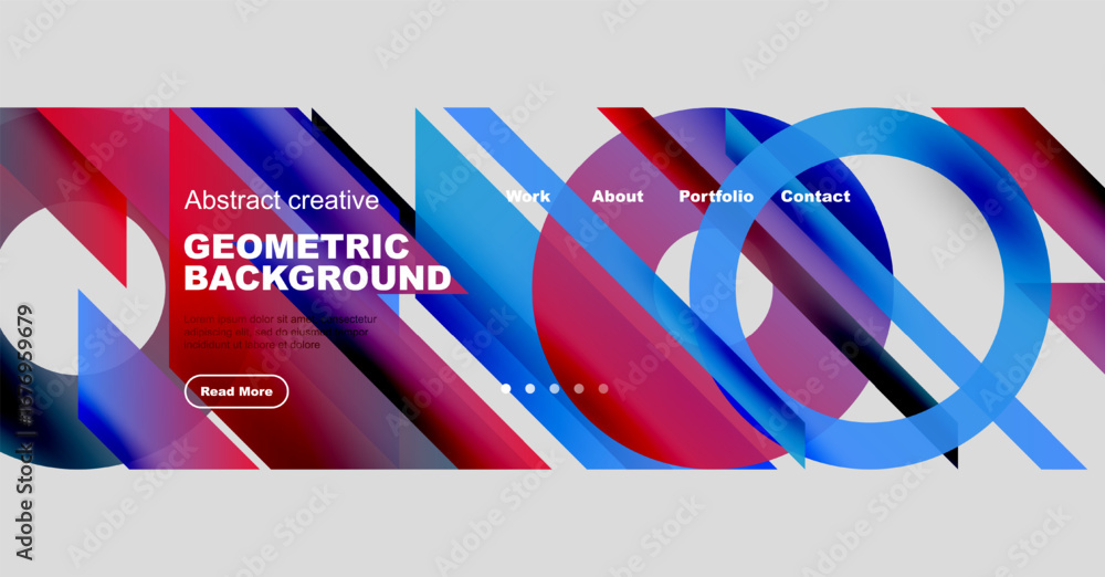 Poster abstract geometric design. vibrant colors, dynamic shapes, website header with navigation elements. 
