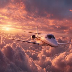 Fototapeta premium Private jet soaring through a vibrant sunset sky above fluffy clouds