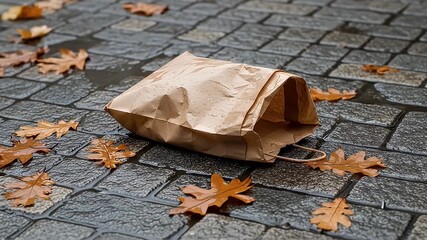 Paper bag lies on wet cobblestones, surrounded by fallen brown oak leaves on autumn day - Powered by Adobe