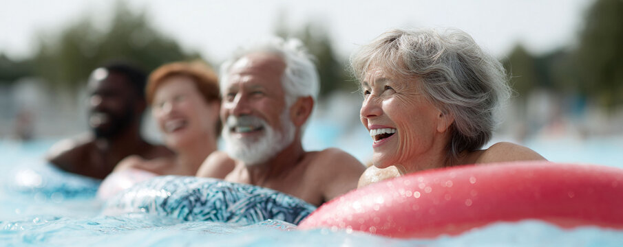 A group of smiling seniors enjoy a refreshing swim in a pool on colorful floatation devices. Represents active retirement, friendship, and vibrant aging.