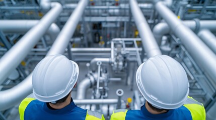 Engineers supervising biomass carbon capture unit connected to storage facility, modern clean energy infrastructure with advanced monitoring technology