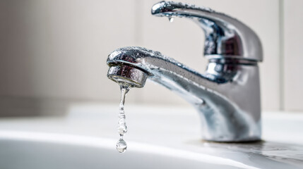 Close-up chrome faucet dripping water onto white porcelain sink illustrating urgent leak repair and plumbing issue