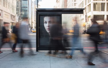 Urban street scene with blurred pedestrians walking past a large advertisement display on a rainy day in a busy city environment