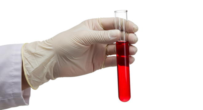 Hand in glove holding test tube with red liquid png isolated on transparent background