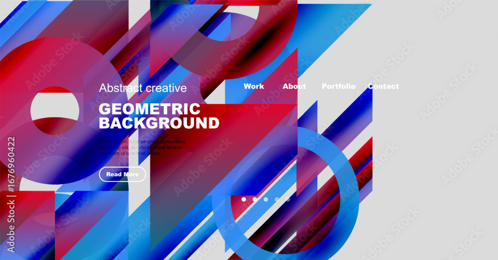 Poster abstract geometric design features vibrant red, blue shapes. website header includes navigation opti