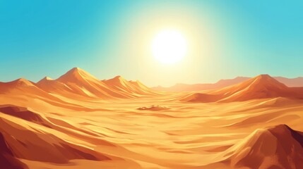 Naklejka premium A serene desert landscape with rolling sand dunes under a bright sun, showcasing a vibrant blue sky and warm earthy tones.