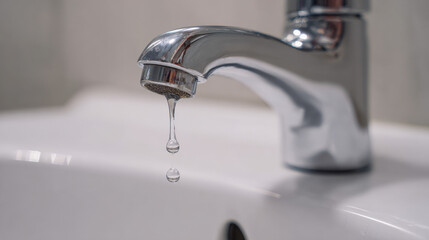 Close-up chrome faucet dripping water onto white porcelain sink illustrating urgent leak repair and plumbing issue