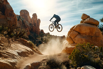 Extreme mountain biking adventure in rocky desert landscape