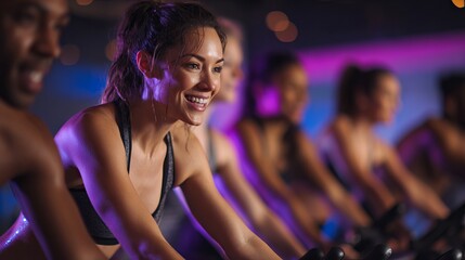 Energetic women smiling during intense spin class workout with vibrant mood lighting