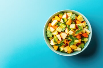 A vibrant fruit salad of diced apples, peaches, and cucumber, garnished with fresh mint, sits in a light-blue bowl against a bright blue background.  The overhead shot showcases the colorful, 