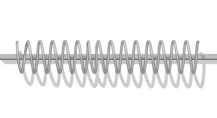Shiny elongated metal coil on a support, casting crisp shadows on a clean white backdrop, showcasing industrial design elegance with its rhythmic