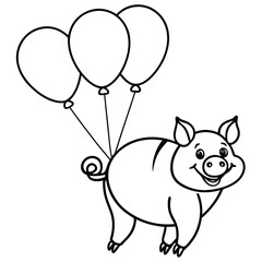 Outlined Cartoon Piglet Holding Balloons with a Smiling Face for Coloring Pages