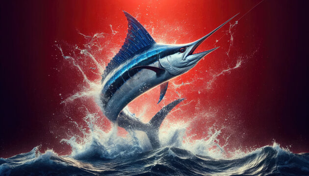 Vibrant Atlantic blue marlin jumps from waves on red sunset backdrop with splashes. Perfect for sport fishing tees, souvenirs, highlighting marine sport and hobby