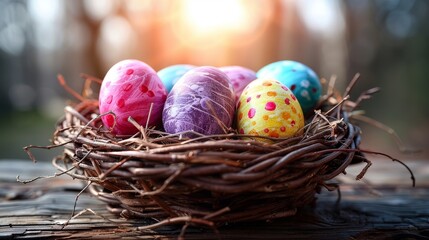 Obraz premium Pastel colored easter eggs beautifully displayed in a wicker basket with soft daylight glow