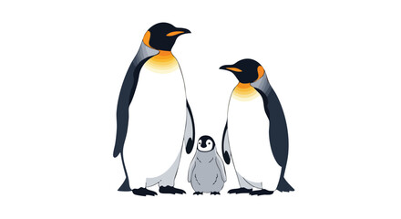 Obraz premium Emperor penguin family portrait on a white backdrop, showing parental love and protection in antarctica illustration 2d style