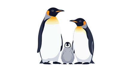 Fototapeta premium A charming illustration of a penguin family featuring two adult penguins and their adorable baby penguin on white isolated background