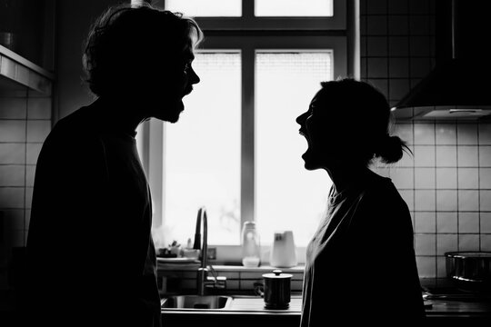 adult couple is quarreling in home. Silhouette of angry husband and wife screaming in kitchen. Family conflict, quarrel. The couple is fighting. Domestic violence and abusive relationships