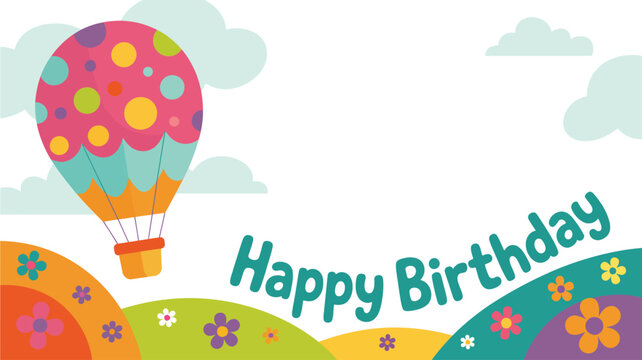 Colorful polka dot hot air balloon floats over happy birthday hills and flowers celebration