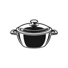 Vintage Cookware Illustration: A classic representation of a pot, complete with a lid and handles, in a sleek black-and-white graphic style