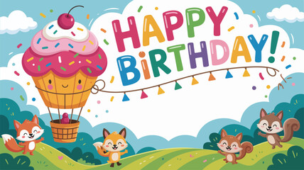 Fototapeta premium Cute cartoon animals in hot air balloon celebrating Happy Birthday celebration party