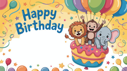 Fototapeta premium Cute cartoon animals on a birthday cake with balloons and confetti celebration