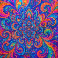 Vibrant Psychedelic Swirling Mandala Pattern with Intricate Floral Designs