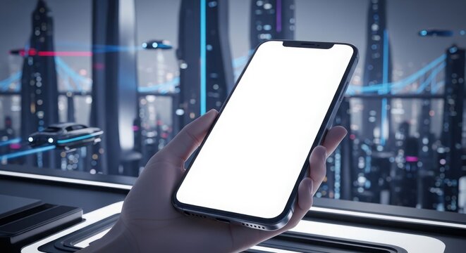 A hand holding a smartphone with a blank screen, set against a futuristic cityscape.