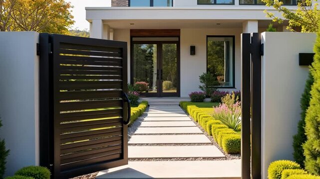 Elegant garden gate opens revealing a stunning modern villa entrance bathed in warm sunshine with exquisite landscaping, inviting entry
