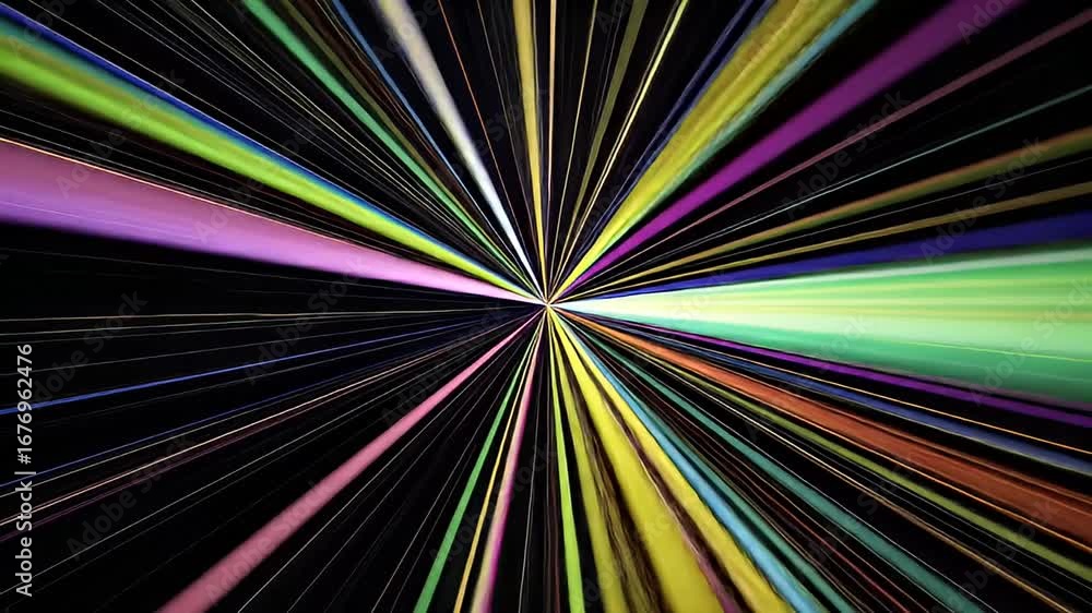 Poster multicolored streaks converge from center point on a dark background, creating depth