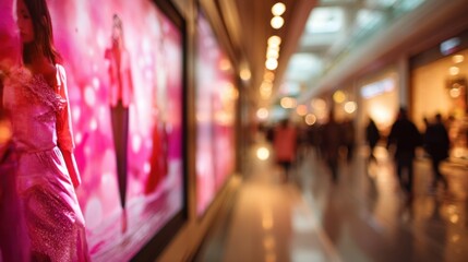Vibrant and colorful indoor shopping mall corridor with illuminated digital displays and blurred shoppers walking through the space