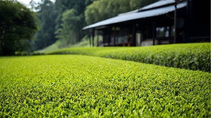 A lush green tea plantation with a traditional wooden house in the background, surrounded by trees and nature