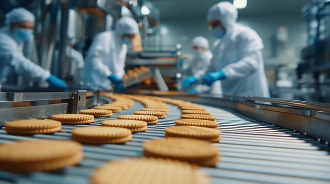 Conveyor belt with biscuits industrial machinery in background