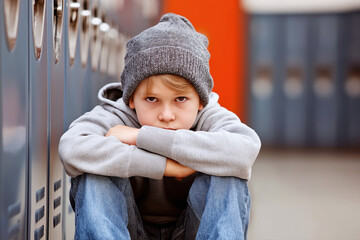 lonely sad crying teen schoolboy boy is sitting in hallway at school. School bullying and problems. Unhappy depression pupil student is victim of violence