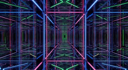 Infinite Neon Reflections: A Mesmerizing Tunnel of Light and Geometric Forms