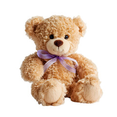 Obraz premium Plush teddy bear with purple bow, isolated on transparent background