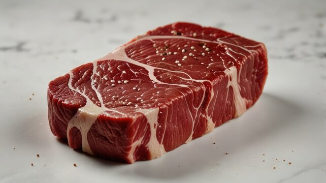 A raw beef steak, marbled and seasoned, rests on a marble surface.