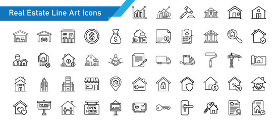 Real Estate Line Art Icons – 50 Vector Property, House, Apartment, Mortgage and Construction Icons