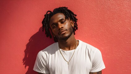 Obraz premium Confident young Afro man with dreadlocks leaning against a red wall in sunlight, wearing a white t-shirt and gold chain, exuding a relaxed urban style