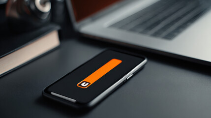 Close-up of a smartphone screen showing a software update progress bar, representing technology advancement and digital innovation in a modern workspace setting.