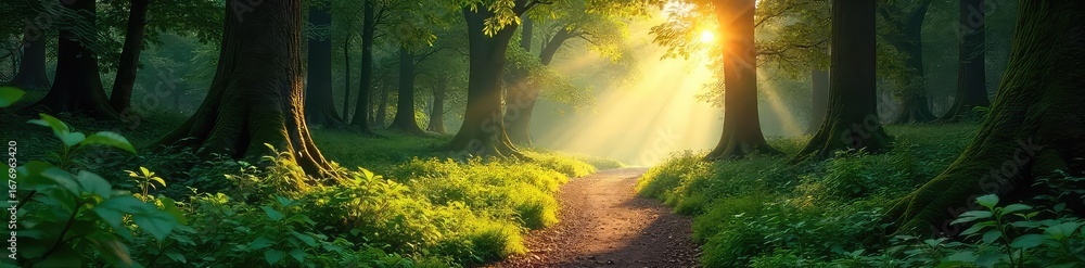 Poster sun-dappled path winding through a lush, ancient forest, sunlight filtering through leaves, creating