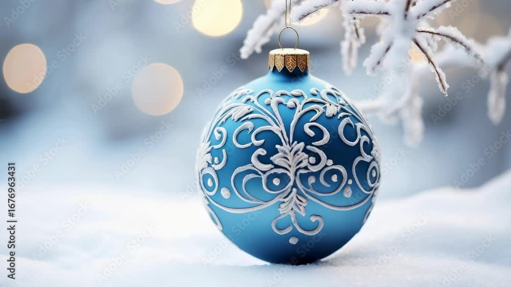 Poster christmas ornament sparkles in winter snow with decorative patterns and soft bokeh lighting in backg