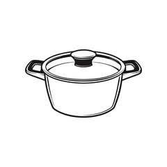 Cookware Illustration: A detailed black and white illustration of a cooking pot, complete with handles and a lid, embodies kitchen essentials with a timeless aesthetic, perfect for culinary projects.