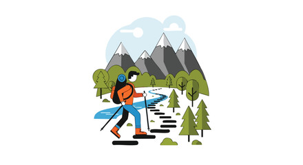 Illustrative Journey: Flat Design Hiker Traversing Scenic Mountain Terrain with Backpack and Hiking Poles amidst Evergreen Trees and Azure Stream