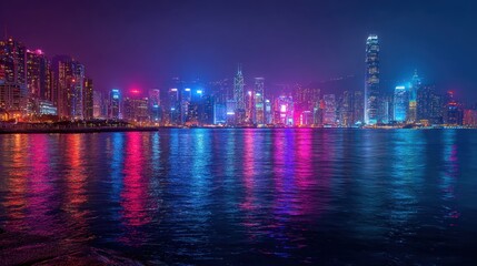 Fototapeta premium Vibrant city skyline at night illuminated with colorful lights reflecting on calm water
