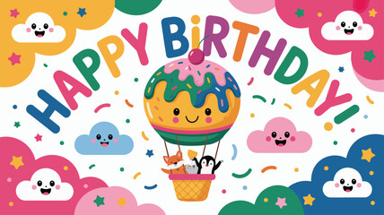 Happy Birthday greeting with hot air balloon and cute animal characters celebration