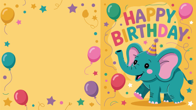 Happy Birthday Greeting with Dancing Elephant and Balloons on Yellow Background party hat