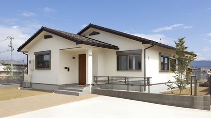 Modern single-story house with landscaped surroundings