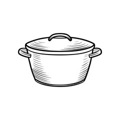 Drawn Pot with Lid: A detailed black and white line drawing showcases a cooking pot with a lid, perfect for illustrating culinary themes. 